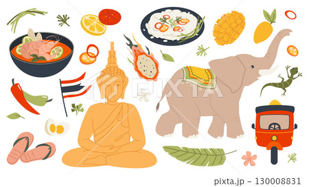 Thai culture elements set. Collection of different street food, lemon, orange, dragon fruit, peppers, national flag, shoes, Buddha statue, elephant, mango, lizard, flowers, leaf. Vector illustration. 130008831