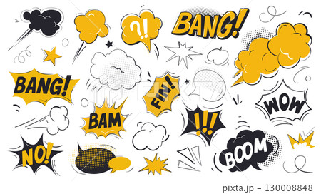 Comic speech bubbles elements set. Collection of communication clouds with bang, bam, wow, boom and empty spaces, pop art shouting balloons with explosion and burst shapes. Vector illustration. Comic speech bubbles elements set. Collection of communication clouds with bang, bam, wow, boom and empty spaces, pop art shouting balloons with explosion and burst shapes. Vector illustration. 130008848