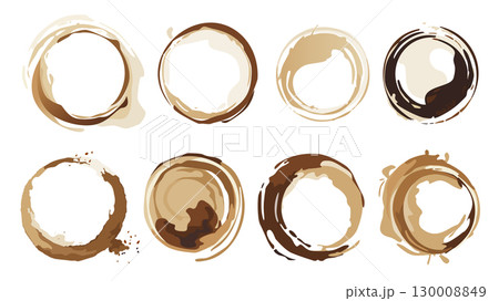 Coffee ring stains elements set. Collection of messy brown circle blots of cup bottoms, cappuccino or espresso beverage spots with splashing wet textured, spilling mug stamps. Vector illustration. 130008849