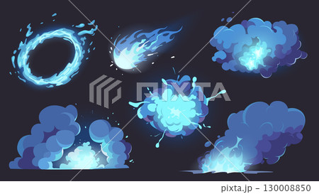 Smoke clouds cartoon elements set. Collection of blue energy ring, fireball motion, different explosions with fire center, cloud puffs and dusts, fireworks for game effects. Vector illustration. 130008850