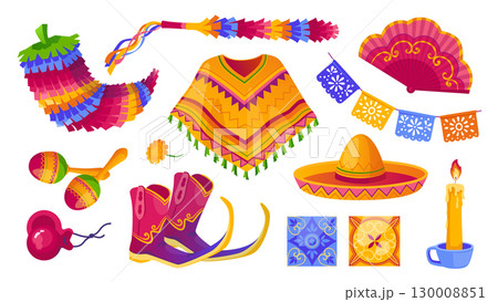 Mexican party accessories cartoon elements set. Collection of quirky colourful holiday symbols pinata, poncho, fan, garlands, boots, sombrero hat, tile patterns, candle, maracas. Vector illustration. 130008851
