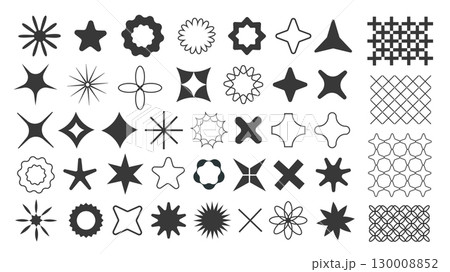 brutalist geometric shapes elements set. Collection of black monochrome sun, star, sparkle, sunray, starburst, sunbeam, twinkle, burst, sunburst, flower, cross, tile print grids. Vector illustration. brutalist geometric shapes elements set. Collection of black monochrome sun, star, sparkle, sunray, starburst, sunbeam, twinkle, burst, sunburst, flower, cross, tile print grids. Vector illustration. 130008852
