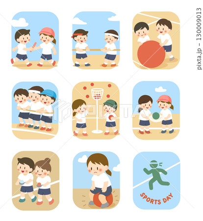 運動会の種目セットイラスト、Sports Day Activities Illustration 130009013