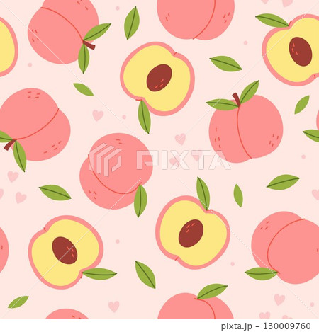 Simple seamless pattern with peaches and leaves. Vector graphics. 130009760