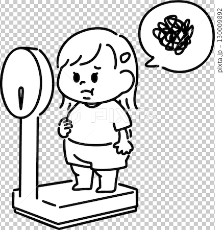 体重を測って肥満体型に悩む女の子(線画) 体重を測って肥満体型に悩む女の子(線画) 130009892