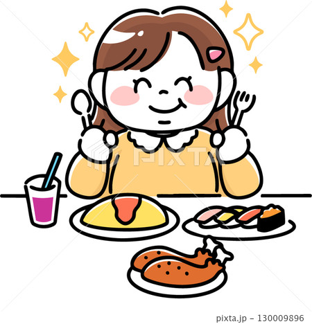 豪華な食事に喜ぶ肥満体型の女の子 130009896