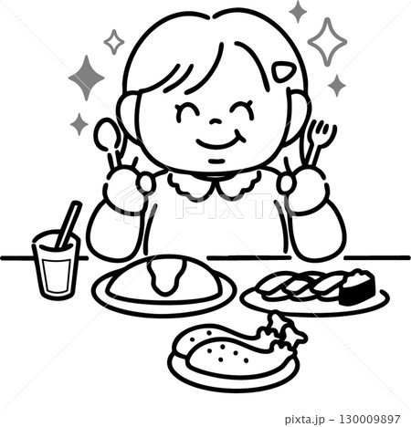豪華な食事に喜ぶ肥満体型の女の子(線画) 豪華な食事に喜ぶ肥満体型の女の子(線画) 130009897