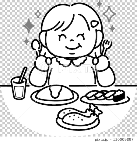 豪華な食事に喜ぶ肥満体型の女の子(線画) 豪華な食事に喜ぶ肥満体型の女の子(線画) 130009897