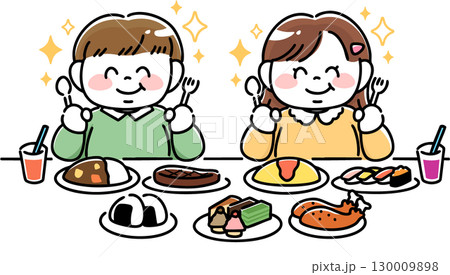 豪華な食事に喜ぶ肥満体型の男の子と女の子 豪華な食事に喜ぶ肥満体型の男の子と女の子 130009898