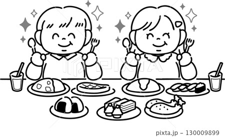 豪華な食事に喜ぶ肥満体型の男の子と女の子(線画) 130009899