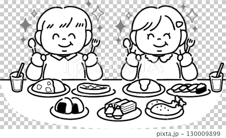 豪華な食事に喜ぶ肥満体型の男の子と女の子(線画) 130009899