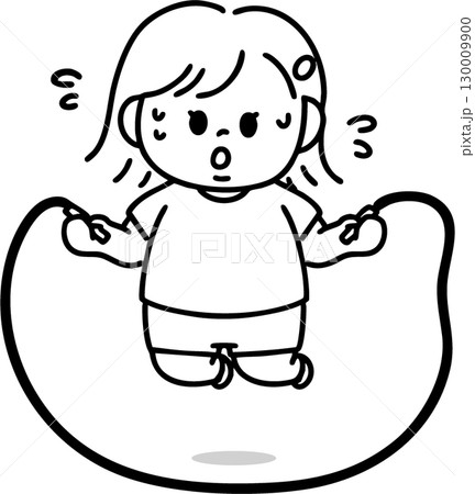 頑張って縄跳びを飛ぶ肥満体型の女の子(線画) 頑張って縄跳びを飛ぶ肥満体型の女の子(線画) 130009900