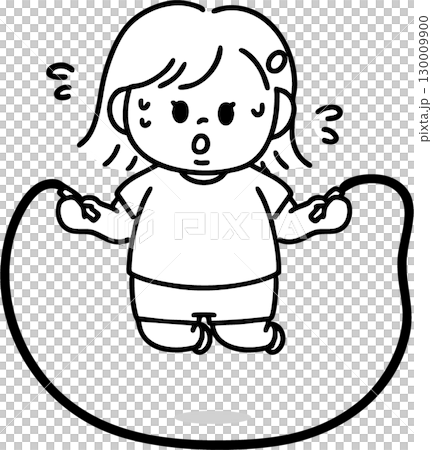 頑張って縄跳びを飛ぶ肥満体型の女の子(線画) 頑張って縄跳びを飛ぶ肥満体型の女の子(線画) 130009900