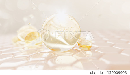 3d gold liquid gel cream bubbles on epidermis skin layer with hexagon cell pattern. Cosmetic care drops of serum, argan oil or honey mask. Collagen essence, hyaluronic acid, enzymes. 3D illustration 130009908