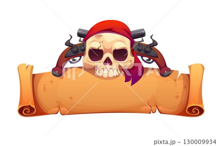 Cartoon Caribbean pirates game icon of corsair skull with guns, vector heraldry banner. Skeleton skull in pirate bandana hat with crossed muskets or pistol guns on parchment scroll for corsair game 130009934
