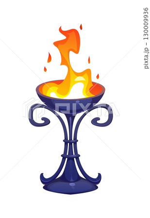 Cartoon chalice with a flame. Isolated vector ancient Egypt game icon, Egyptian treasure asset. Cup symbolizing ritual, magic and spirituality. Ornate goblet with an eternal fire burning brightly 130009936
