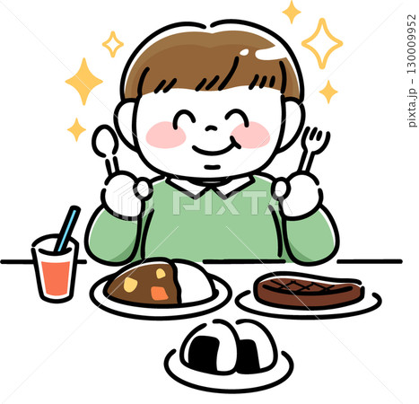 豪華な食事に喜ぶ肥満体型の男の子 130009952