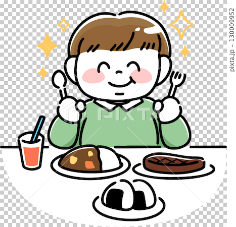 豪華な食事に喜ぶ肥満体型の男の子 130009952