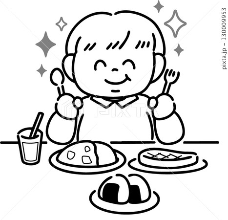 豪華な食事に喜ぶ肥満体型の男の子(線画) 豪華な食事に喜ぶ肥満体型の男の子(線画) 130009953