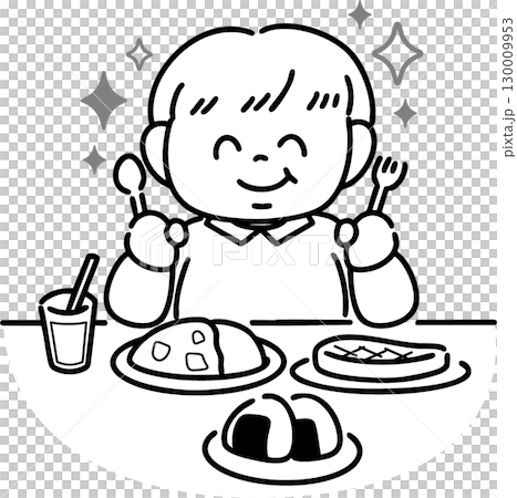 Obese boy delighted with a luxurious meal (line drawing) 130009953