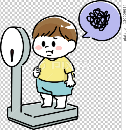 体重を測って肥満体型に悩む男の子(線画) 130009954
