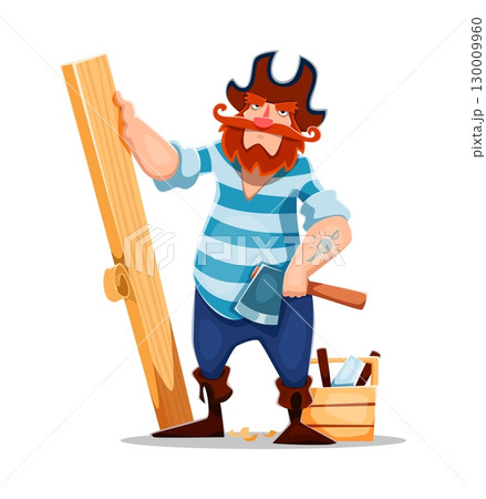 Cartoon pirate carpenter ship crew character in striped shirt holds an axe and wooden plank with a toolbox nearby. Vector corsair sporting a red beard, tattoo, and tricorn hat, ready for ship repair Cartoon pirate carpenter ship crew character in striped shirt holds an axe and wooden plank with a toolbox nearby. Vector corsair sporting a red beard, tattoo, and tricorn hat, ready for ship repair 130009960
