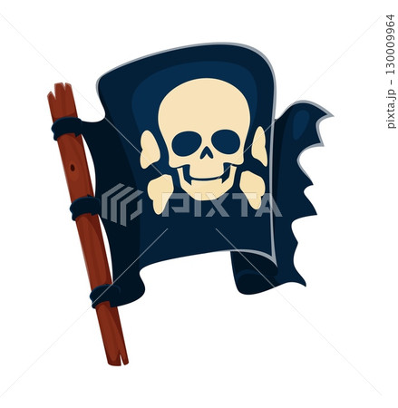 Caribbean pirates game icon of corsairs flag with Jolly Roger sign, cartoon vector. Caribbean pirates adventure game element of corsairs ship or boat flag with skull and crossbones of pirates symbol 130009964