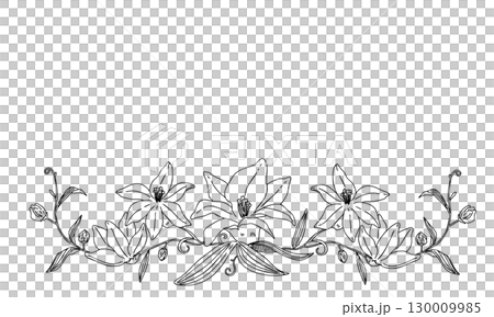百合の花の手書き線画のお洒落なフレーム・ラベルデザイン・モノクロ・シンプル 百合の花の手書き線画のお洒落なフレーム・ラベルデザイン・モノクロ・シンプル 130009985
