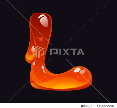 Tasty honey cartoon font letter L. Yellow honey cartoon English alphabet font letter, liquid caramel vector type sign. Tasty candy typeset symbol or sweet amber flow ABC element 130009990