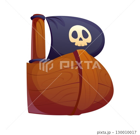Cartoon Caribbean pirates font, ship or sailboat as letter B, vector typeface. Pirate and corsair Caribbean adventure type of sailboat or Medieval corsairs ship with Jolly Roger flag for typeset 130010017