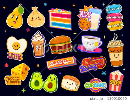Fast food y2k stickers, takeaway retro patch labels set with cute cartoon snacks and drinks including sushi, coffee, burger, cake, milk, popcorn, egg and avocado or macaroon on dark starry background 130010030