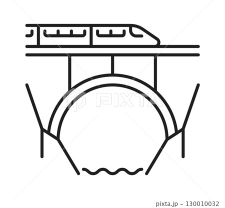 Railroad and railway icon of train or subway metro way on bridge, vector line pictogram. Railroad and railway symbol of bridge road for metro underground, tram or intercity train and railcar transport 130010032