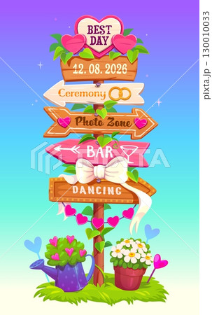 Wedding party directional signs. Romantic cartoon signpost with hearts and wooden arrows pointing to ceremony celebration, photo zone, bar, dancing, surrounded by flowers, ribbons and love decorations 130010033