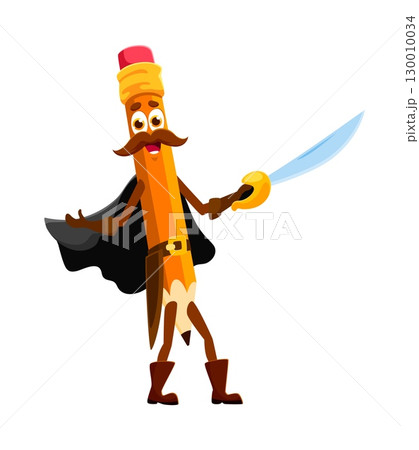 Cartoon pencil education school stationery pirate and corsair crew character with saber in hand. Isolated vector adventurous captain writing tool personage creating artful mischief in the high seas 130010034