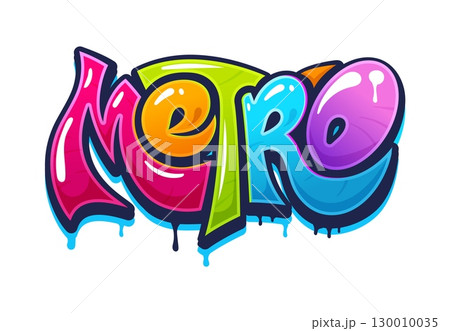 Urban street art graffiti cool artwork of Metro word in vector paint spray writing. Metro graffiti text on wall or urban and street art doodle font with color letters artwork and liquid paint drips 130010035
