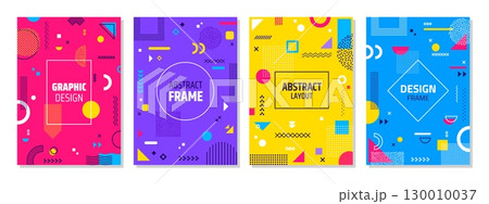 Abstract business posters with geometric Memphis pattern of modern shapes, vector cover templates. Memphis poster layouts set with geometric figures or color minimal element pattern for cover design 130010037