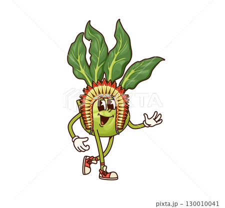 Cartoon groovy kohlrabi native American vegetable character. Isolated vector wild west veg y2k personage wear feather chief headband and waving hand. Natural healthy food in tribal Cherokee costume 130010041