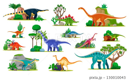 Cartoon dinosaurs and prehistoric Jurassic lizards in forest trees, vector dino characters. Prehistoric period funny dinosaurs collection for kids of deinocheirus, pelecanimimus and styracosaurus Cartoon dinosaurs and prehistoric Jurassic lizards in forest trees, vector dino characters. Prehistoric period funny dinosaurs collection for kids of deinocheirus, pelecanimimus and styracosaurus 130010043
