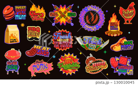 Vintage y2k bbq meat stickers, retro barbeque patch labels with bold typography, fire, meat, sausages, grill, vegetable and humorous slogans. Vector badges for food branding, parties or summer cookout 130010045