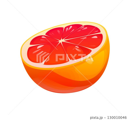 Cartoon raw ripe grapefruit fruit Isolated vector vector halved citrus with vivid red pulp and orange yellow rind. Healthy food, summer juicy product, bright and glossy tropical fruit dessert 130010046