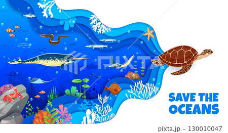 Save the oceans paper cut banner with sea animals and underwater landscape. Cartoon vector promotion of the ocean conservation, featuring sea turtle, narwhal, rays, clownfish, eel and coral reefs 130010047