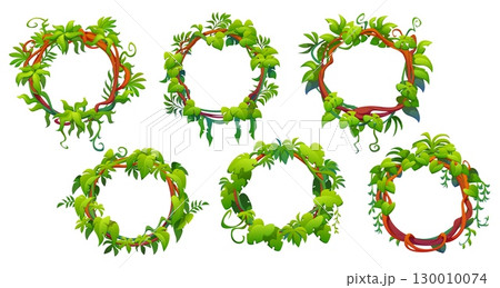 Tropical jungle forest liana vine round frames of branches with green leaves, vector plants. Tropical rainforest liana circle frames of twisted monstera leaf with vine twigs or tendrils of ivy sprouts Tropical jungle forest liana vine round frames of branches with green leaves, vector plants. Tropical rainforest liana circle frames of twisted monstera leaf with vine twigs or tendrils of ivy sprouts 130010074