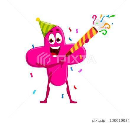 Cartoon math plus symbol character birthday holiday celebration. Vector pink addition sign personage wearing a party hat and shooting the flapper, embodies fun learning, and games for kids education 130010084