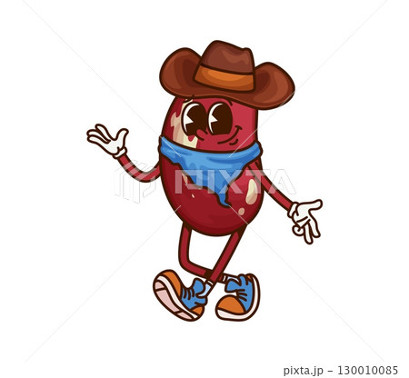 Cartoon groovy red bean cowboy or bandit character. Funny vector kidney kernel robber or ranger personage wears wide brimmed hat, neck scarf and boots. Isolated fantasy adventurer, brave healthy food 130010085