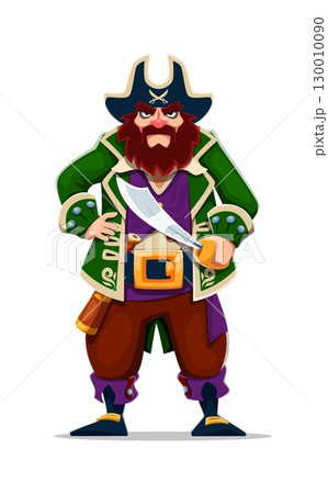 Cartoon pirate and corsair captain ship crew character in tricorn hat. Isolated vector swashbuckling rover personage with beard and mustaches, stands with saber in hand ready for high seas adventures 130010090