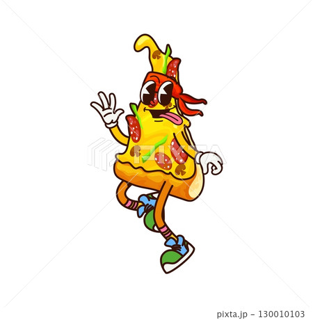 Cartoon groovy pizza slice pirate fast food character. Vector corsair retro personage for fastfood menu. Funky hippie freebooter wears red bandana and waving hand. Funny filibuster pizza tasty snack Cartoon groovy pizza slice pirate fast food character. Vector corsair retro personage for fastfood menu. Funky hippie freebooter wears red bandana and waving hand. Funny filibuster pizza tasty snack 130010103