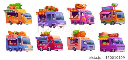 Cartoon street food truck, vintage festival foodtruck vans offering salads, hot meals, Thai food, cocktails, smoothies, tapas, chicken, sandwiches, showcasing street food cuisines and take out snacks 130010109