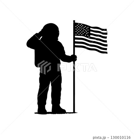 silhouette of an astronaut saluting next to american flag isolated on white background silhouette of an astronaut saluting next to american flag isolated on white background 130010116