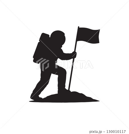 silhouette of astronaut planting flag on rocky surface, space exploration achievement concept on white background 130010117