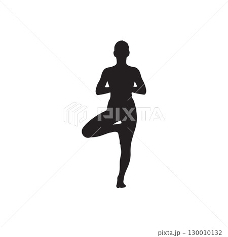 silhouette of woman in tree yoga pose with hands in prayer position on white background silhouette of woman in tree yoga pose with hands in prayer position on white background 130010132